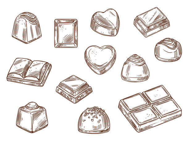 Cacao sweets, chocolate candy, confectionery food Chocolate candies and sweets isolated sketch icons. Vector cacao bars and brown chocolate with nuts and caramel, vanilla, sugar toppings Confectionery food, desserts and treats, truffles with praline chocolate truffle stock illustrations