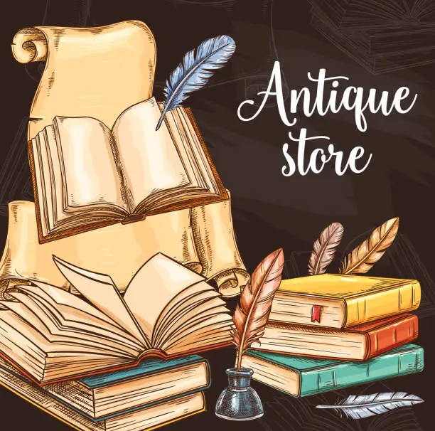 Vector illustration of Retro bookstore, rare vintage books, literature