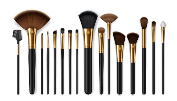 Makeup brushes, eyebrow comb. Make-up artist kit Makeup brush vector mockups of beauty cosmetics 3d design. Blush, eyeshadow and contour, eyebrow comb, foundation, concealer and bronzer, angle, fan and flat realistic brushes, make up artist kit make up brush stock illustrations