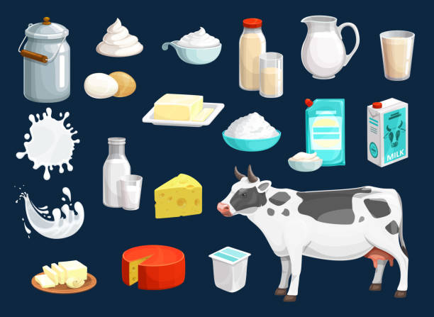 Milk, yogurt, cheese, butter, cream and cow icons Milk product vector icons of dairy food and drink design. Yogurt bottle, glass and cheese, cow animal, cream and butter, jug and box of sour cream, cottage cheese bowl, mozzarella, baked milk splashes curd cheese stock illustrations