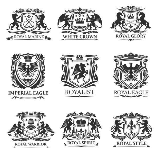 heraldische adler, löwen, kronen. königliche heraldik - lily fleur de lys king flower stock-grafiken, -clipart, -cartoons und -symbole