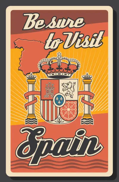 Vector illustration of Spanish flag and coat of arms. Travel to Spain