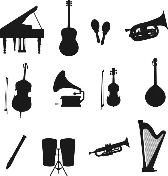 Vector illustration of Music instruments of guitar, drum, piano, viola