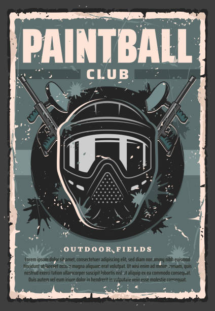 Paintball markers, guns and mask. Shooting sport Paintball player guns and mask vector design of competitive team shooting sport. Paintball markers and protective helmet or goggles grunge poster with splatters of paint balls. Sporting club promotion paintballing stock illustrations