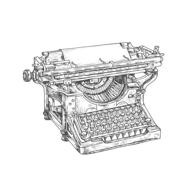 винтаж пишущая машинка с бумагой и клавиатурой - пишущая машинка stock illustrations