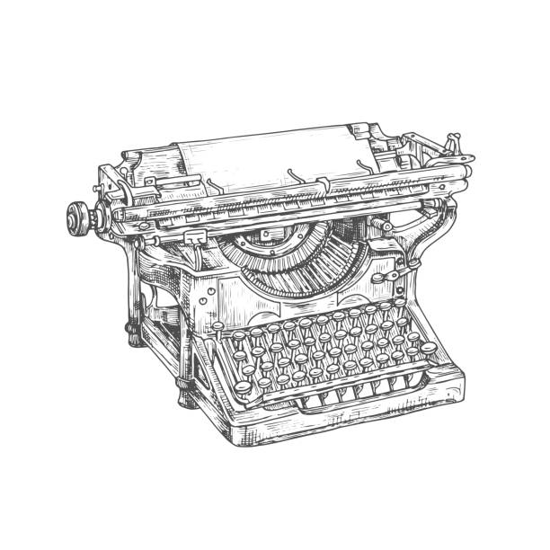 Vintage typewriter machine with paper and keyboard Typewriter sketch of vintage writing machine. Vector mechanical desktop typewriter with paper sheet and old keyboard. Retro design of author, journalist or secretary equipment retro typewriter stock illustrations