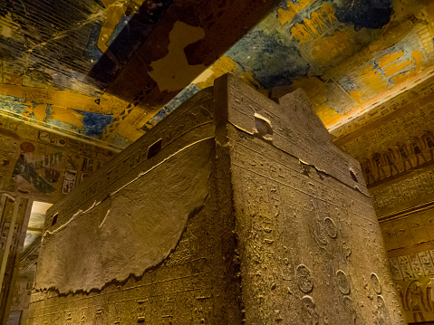 View of the Sarcophagus of the Tomb of King Ramses IV in the Valley of the Kings.