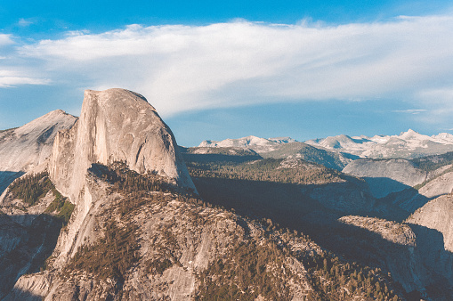 Half Dome is a granite dome at the eastern end of Yosemite Valley in Yosemite National Park, California USA