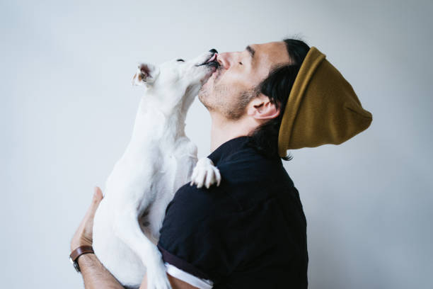 Portrait of a man and his dog stock photo
