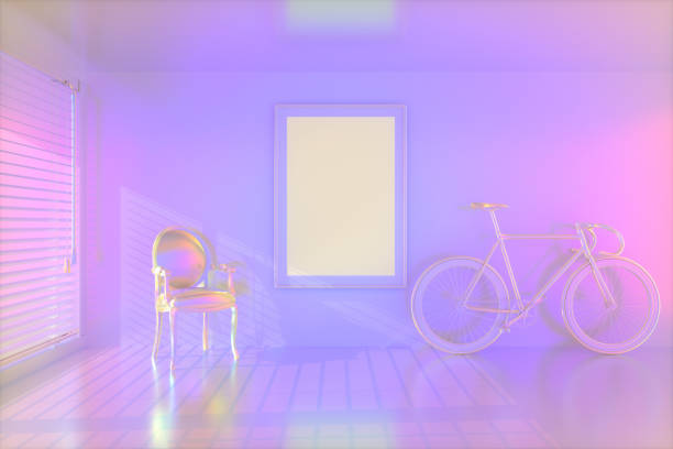 istock Iridescent living room, armchair and empty frames with sunlight, 3d render 1192659499