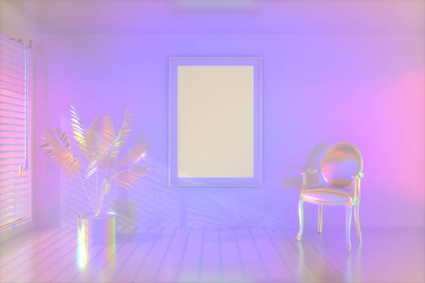 istock Iridescent living room, armchair and empty frames with sunlight, 3d render 1192659695