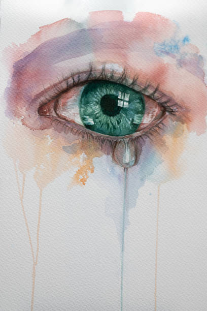 watercolor eye with tears. Beautiful watercolor illustration with crying green eyes and drop tear. close up illustrations stock illustrations