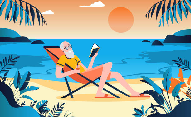 Retired old man on beach enjoying life with a book in hand Retirement in a sunny warm location. Relaxing with a book and drink in hand, sandy beach, ocean in background and palm trees. Silent, peaceful and freedom concept. island illustrations stock illustrations