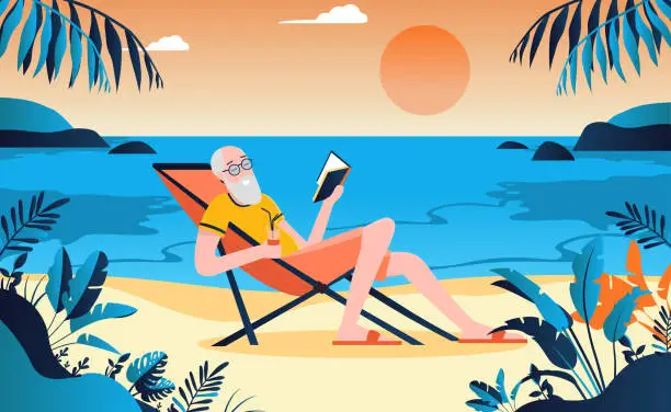 Vector illustration of Retired old man on beach enjoying life with a book in hand