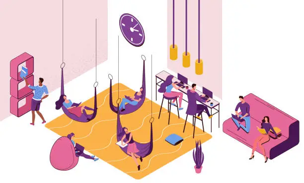 Vector illustration of Freelancer working in office lying in hammock, people with laptop in coworking space at high tables, in bean bag chair, sitting on sofa, modern interior design, graphic vector illustration