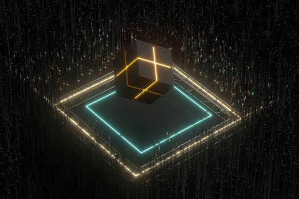 istock The cube floats above the glowing cubes, 3d rendering. 1192661562