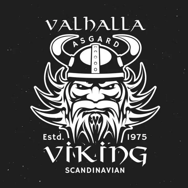 Vector illustration of Viking head in horned helmet, Valhalla Asgard