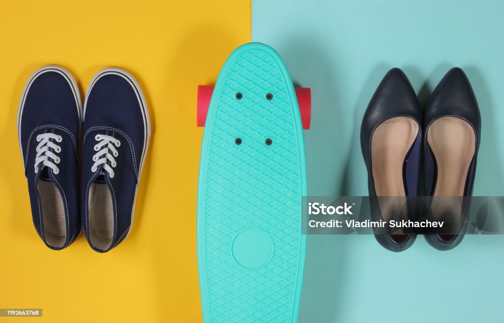Cruiser Board On Blueyellow Background With Sneakers And Classic ...