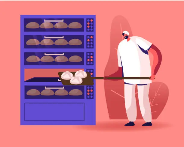 Vector illustration of Bakery Factory and Bread Production Concept. Baker Character Put Raw Loafs to Huge Oven for Baking. Worker Cooking Baked Food on Modern Confectionery Manufacture. Cartoon Flat Vector Illustration