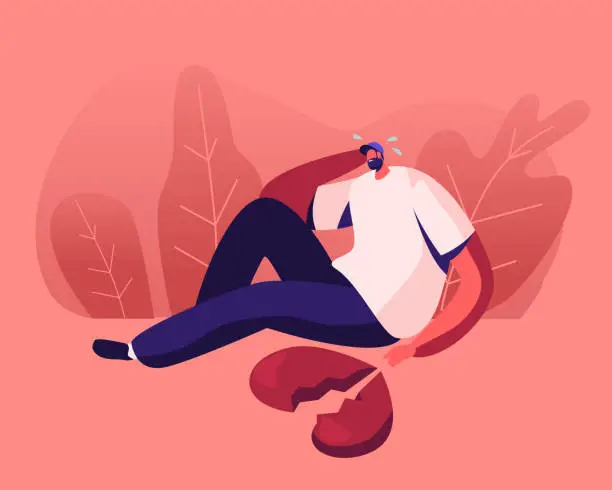 Vector illustration of Depressed Heartbroken Man Sitting on Ground with Pieces of Red Broken Heart and Crying. End of Love and Loving Relations, Loneliness, Divorce and Separation Concept. Cartoon Flat Vector Illustration