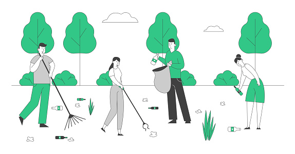 Ecology Protection Social Charity Concept. Volunteers Cleaning Garbage in City Park Area. Volunteering Men and Women Collecting Trash to Sacks Racking Ground Cartoon Flat Vector Illustration, Line Art