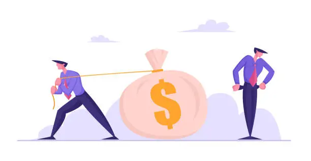 Vector illustration of Poor Confused Businessman Stand with Empty Pockets while his Opponent or Creditor Pulling Huge Sack Full of Money. Gambling, Economy Crisis or Bankruptcy Concept. Cartoon Flat Vector Illustration