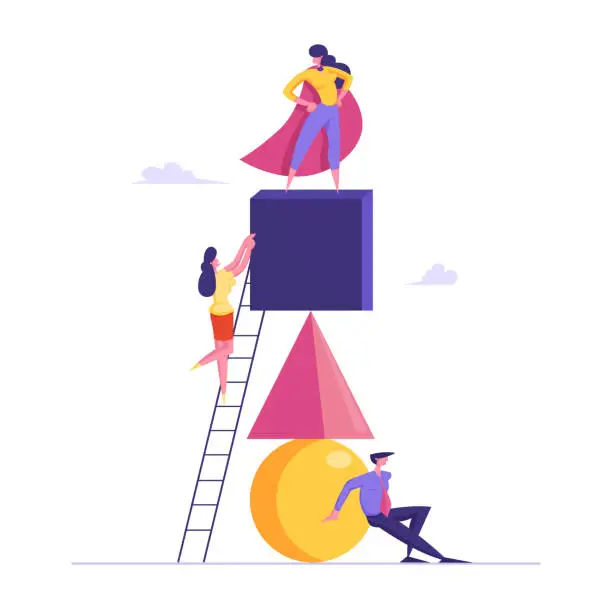 Vector illustration of Creative People Teamwork Cooperate for Goal Achievement. Successful Dream Team Building Pyramid, Woman Leader in Red Cloak Stand on Top. Business Development Team Work Cartoon Flat Vector Illustration