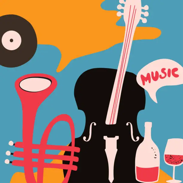 Vector illustration of Music and wine promotional poster with violoncello and trumpet