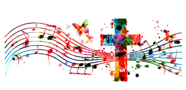 음악 노트와 다채로운 기독교 십자가 - 음악 이미지 stock illustrations