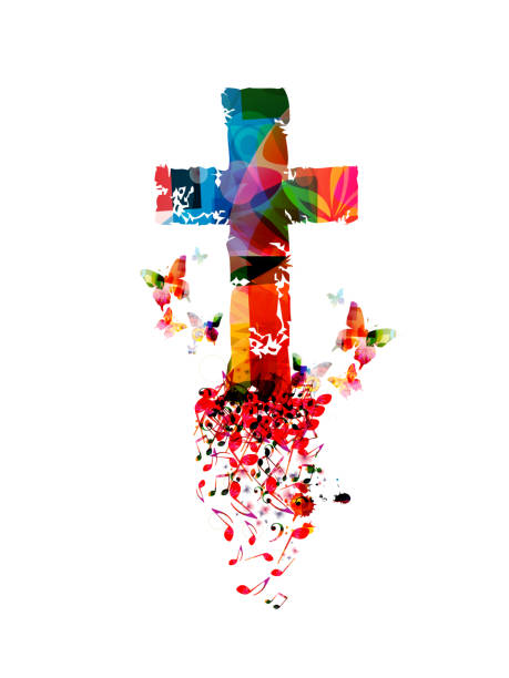 ilustraciones, imágenes clip art, dibujos animados e iconos de stock de colorida cruz cristiana con notas musicales - prayer position illustrations