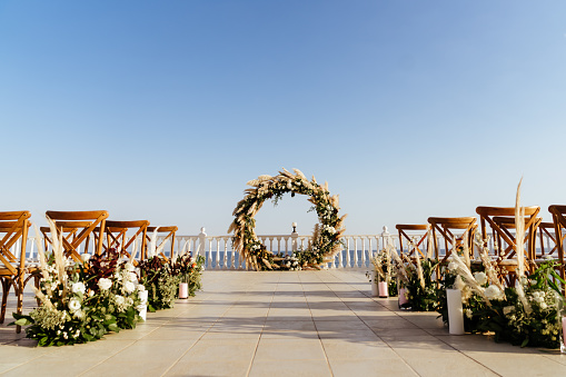 Decorations for the wedding ceremony. Flowers closeup.