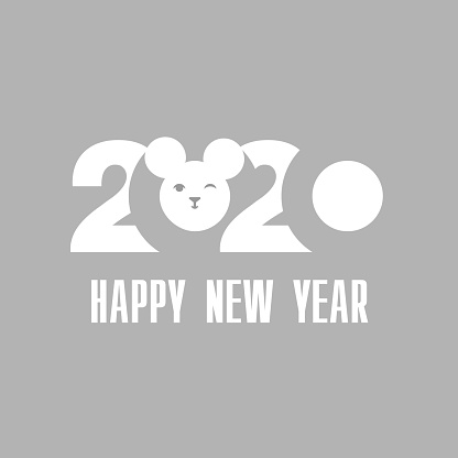 2020 Year of mouse, grungy vector illustration. 2020 rough ink lettering for New Year or Christmas postcard. Chinese zodiac animal mouse or rat. 2020 New Year symbol isolated.