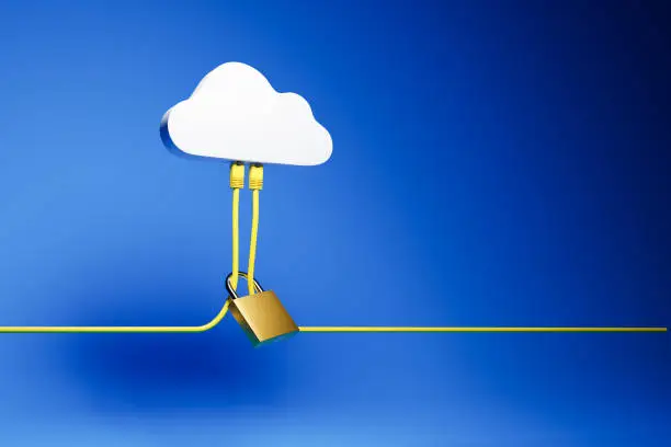 Photo of 3D render: Cloud Computing Security Concept - Two Ethernet Cables plugged into a symbolic cloud. A lock around the cables. Blue background.