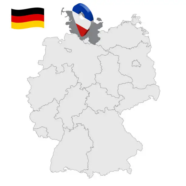Vector illustration of Location of Schleswig-Holstein on map Federal Republic of Germany. 3d Schleswig-Holstein location sign similar to the flag of Schleswig-Holstein. Quality map of Germany with regions. EPS10.