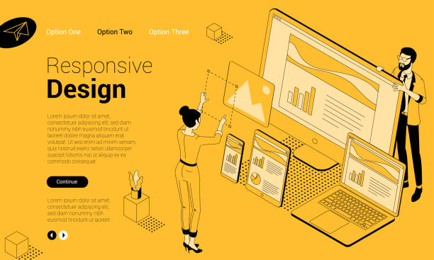 vector concept for responsive web design Flat design isometric vector concept for UX UI, responsive web design development with people characters. Ready to use template for web page, banner, landing, icon, mobile app and presentation. website design stock illustrations