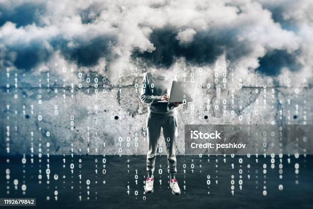 Imageclass Hacker Hacking Concept With No Face Hacker Under Clouds And Binary Code Rain ...
