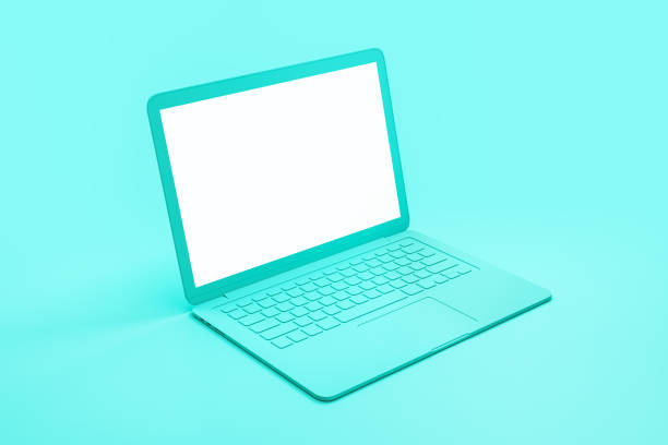 istock Minimal concept with blank white mock up screen of single material laptop at turquoise background. 1192679954