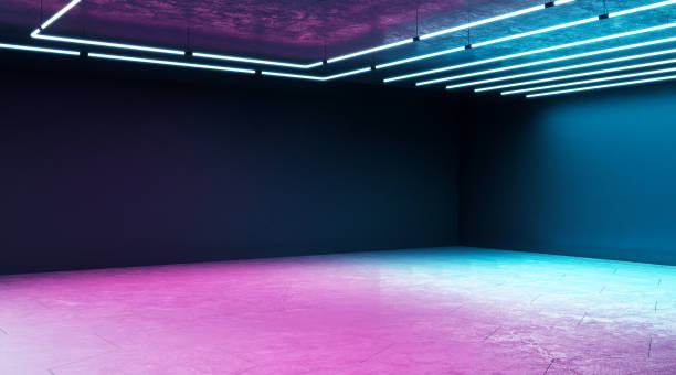 Minimal techno concept with modern empty exhibition hall with blank wall and neon paints. Minimal techno concept with modern empty exhibition hall with blank wall and neon paints. 3D Rendering dark showroom stock pictures, royalty-free photos & images