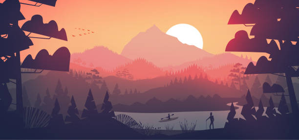 ilustraciones, imágenes clip art, dibujos animados e iconos de stock de lago mínimo plano con bosque de pinos y montañas al atardecer - pescar ilustraciones