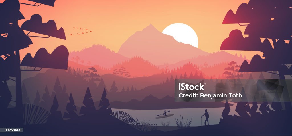 Flat minimal lake with pine forest, and mountains at sunset Landscape - Scenery stock vector