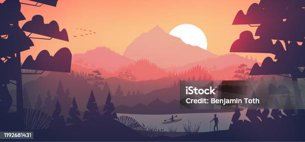 Flat Minimal Lake With Pine Forest And Mountains At Sunset Stock Illustration - Download Image Now