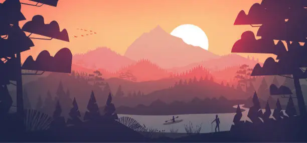 Vector illustration of Flat minimal lake with pine forest, and mountains at sunset