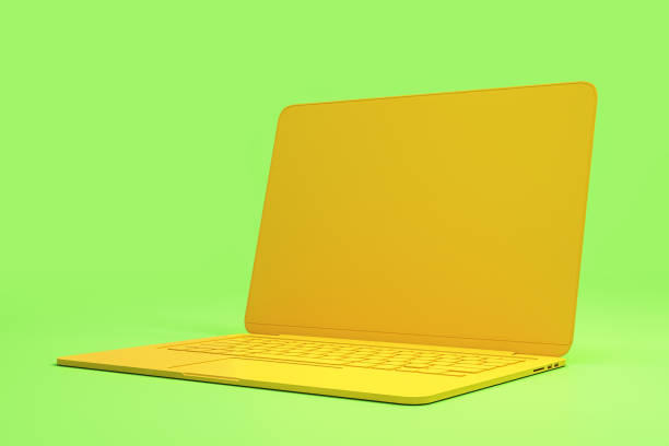 istock Minimal concept with onepiece single material yellow laptop at light green background. 1192681512