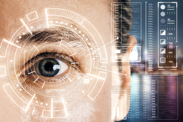 istock Biometrics and scanning concept with man eye and digital data screen. 1192681567