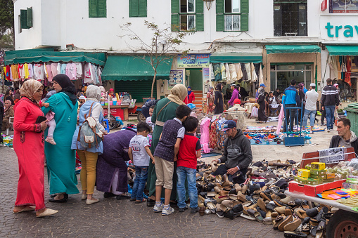 TETOUAN, MOROCCO - MAY 23, 2017: View of the old flea market in Tetouan Medina quarter in Northern Morocco.