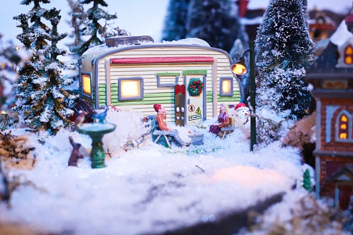 Camping in the snow . Close Up Christmas village.