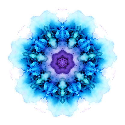 Colorful watercolor flower mandala in blue and violet tones isolated on white background. Alcohol ink art with kaleidoscopic effect. Raster illustration. Perfect for polygraphy design.