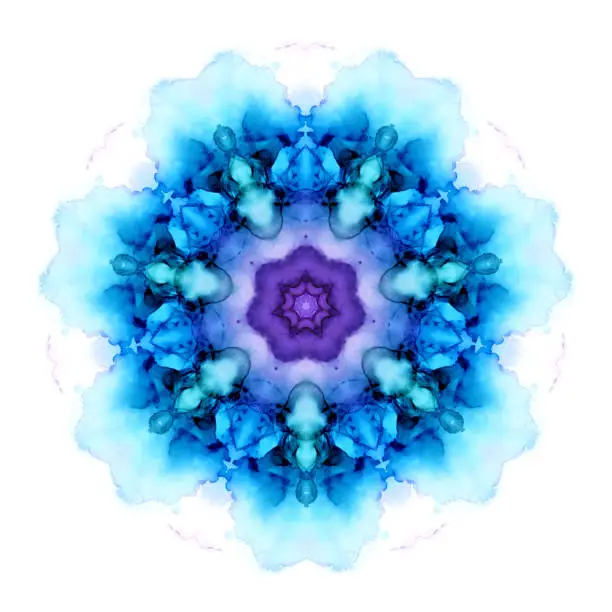Colorful watercolor flower mandala in blue and violet tones isolated on white background. Alcohol ink art with kaleidoscopic effect. Raster illustration. Perfect for polygraphy design.