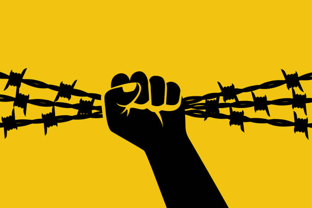 Black silhouette strong man hand in barbed wire Black silhouette strong man hand in barbed wire. Isolated pictogram on yellow background. Glyph icon of freedom. Template landing page. Man versus conclusion, opposition concept. Vector flat design. rusty barbed wire stock illustrations