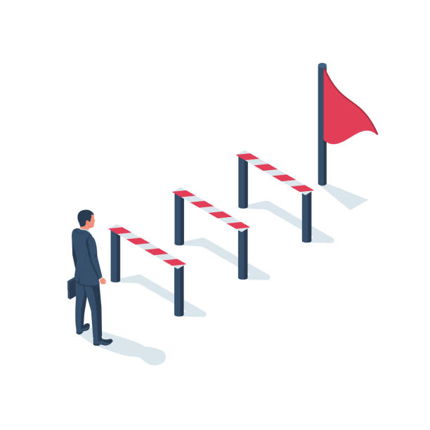 Conquering adversity. Hurdle on way concept. Conquering adversity. Hurdle on way concept. Businessman obstacle metaphor. Overcoming obstacle on road. Barrier on way to success. Vector illustration isometric 3d design. Isolated white background. hurdle stock illustrations